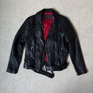 AllSaints Men’s Black Leather Biker Jacket Quilted Shoulders, Belted, Red Lining